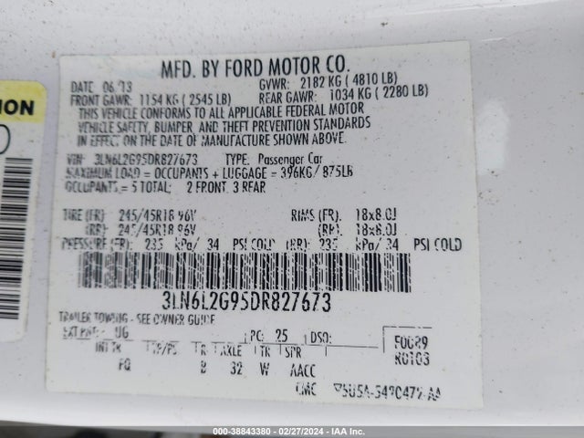 2013 LINCOLN MKZ VIN: 3LN6L2G95DR827673