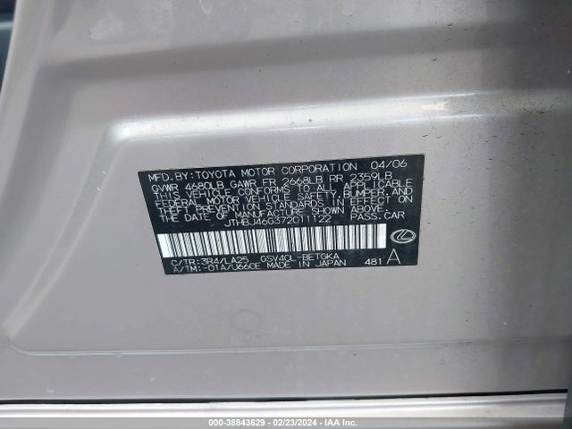 2007 LEXUS ES 350 VIN: JTHBJ46G372011122