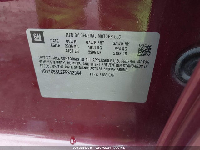 Chevrolet MALIBU 1LT 2015 1G11C5SL2FF312044 Image 9
