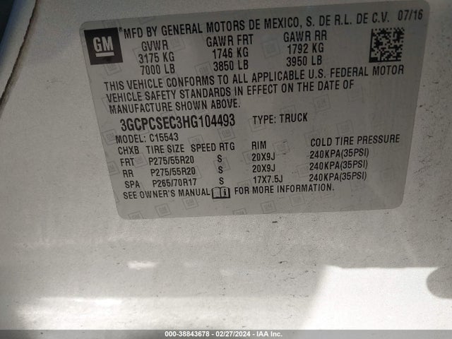 2017 CHEVROLET SILVERADO 1500 1LZ VIN: 3GCPCSEC3HG104493