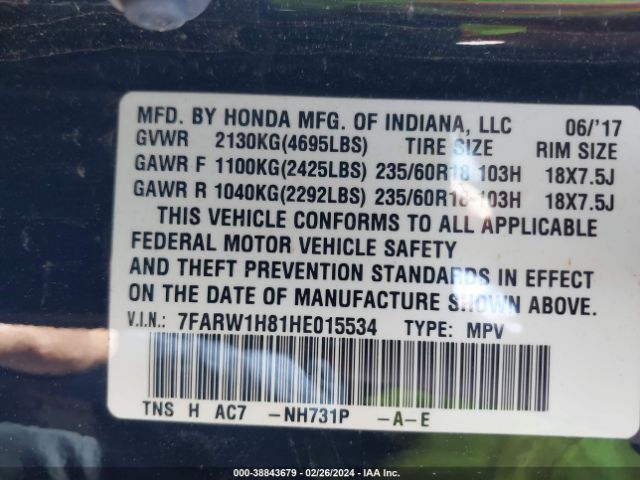 7FARW1H81HE015534 Honda Cr-v Ex-l/ex-l Navi
