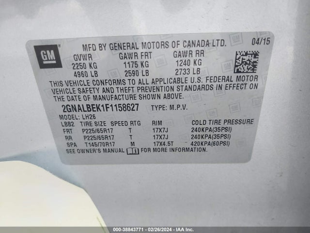 Chevrolet EQUINOX 1LT 2015 2GNALBEK1F1158627 Image 9