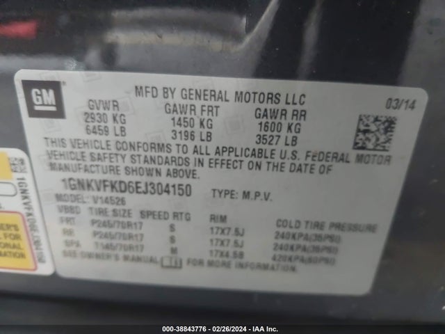 Chevrolet Traverse Ls 2014 1GNKVFKD6EJ304150 Image 9