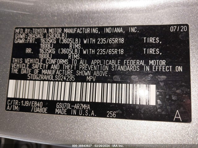 Toyota Highlander Xle 2020 5TDGZRAH0LS024295 Image 9