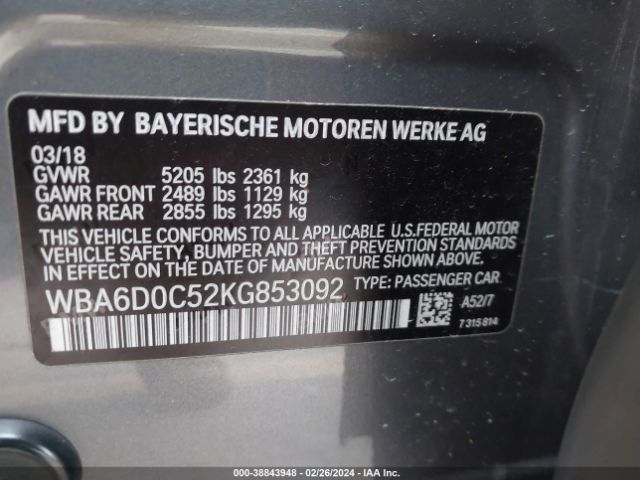 WBA6D0C52KG853092 BMW 640 I Gran Coupe