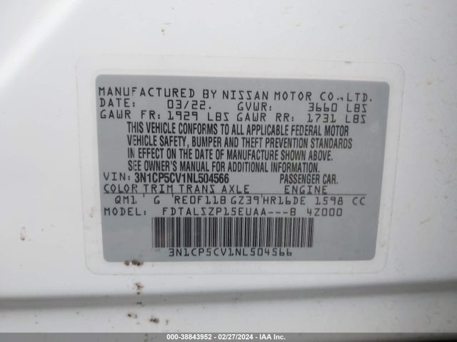 2022 NISSAN KICKS SV XTRONIC CVT VIN: 3N1CP5CV1NL504566