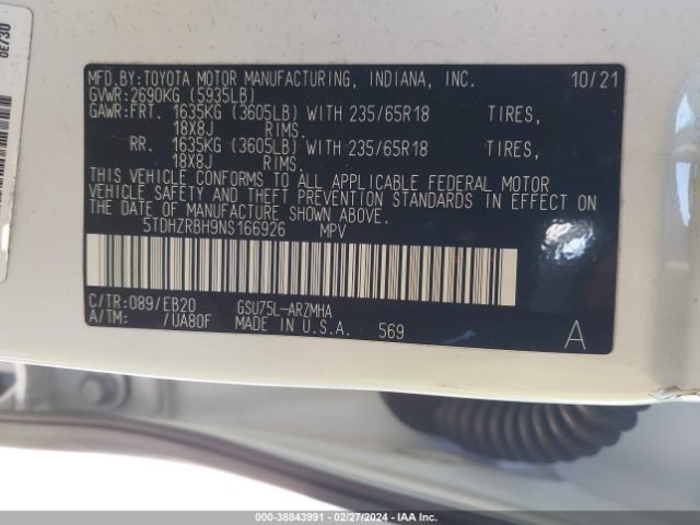 5TDHZRBH9NS166926 Toyota Highlander Xle