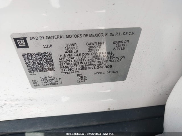 Chevrolet TRAX LS 2019 3GNCJKSB0KL242806 Image 9