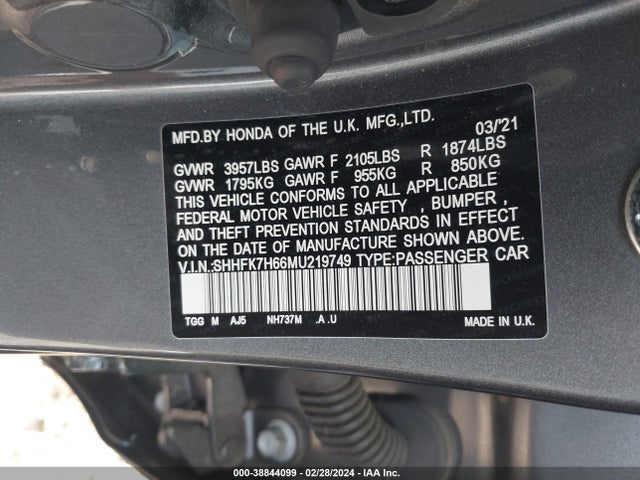 Honda CIVIC EX 2021 SHHFK7H66MU219749 Image 9