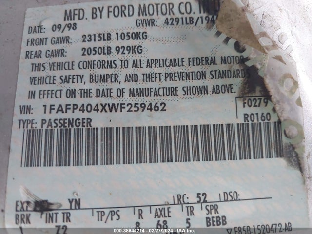 1998 FORD MUSTANG VIN: 1FAFP404XWF259462