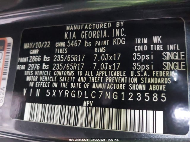 KIA SORENTO LX 2022 5XYRGDLC7NG123585 Image 9