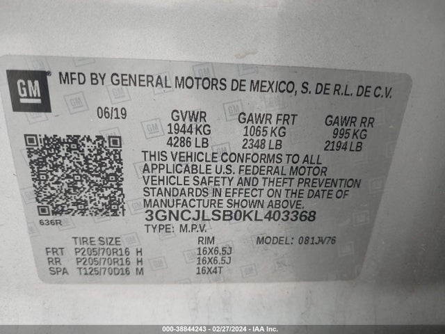 Chevrolet Trax Lt 2019 3GNCJLSB0KL403368 Image 9
