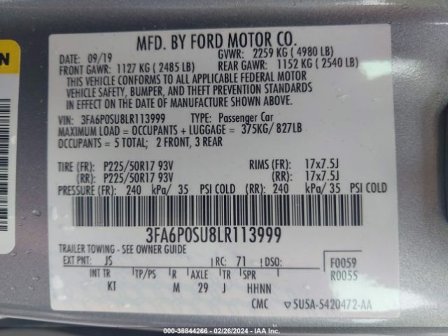 2020 FORD FUSION 3FA6P0SU8LR113999 Photo 8