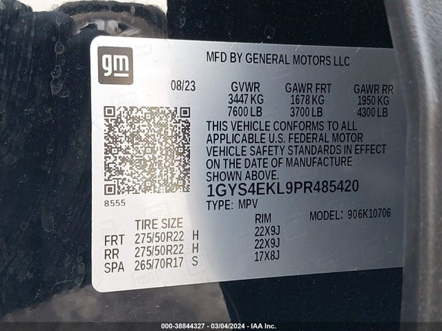 1GYS4EKL9PR485420 Cadillac Escalade 4wd Sport