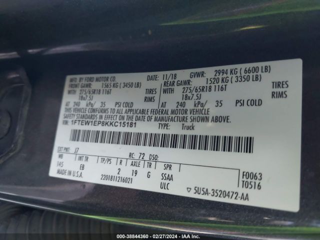 1FTEW1EP8KKC15181 Ford F-150 Lariat