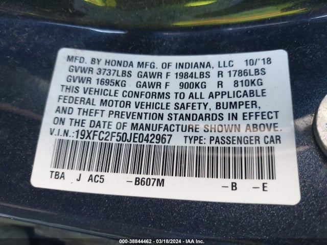 Honda Civic Lx 2018 19XFC2F50JE042967 Image 9