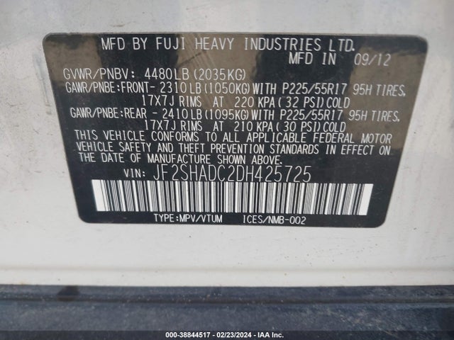 38844517 :رقم المزاد ، JF2SHADC2DH425725 vin ، 2013 Subaru Forester 2.5x Premium مزاد بيع