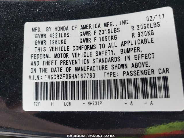 Honda ACCORD EX 2017 1HGCR2F06HA167783 Image 9