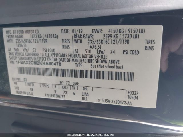 1FBAX2CM2KKA60478 Ford Transit-350 Xlt