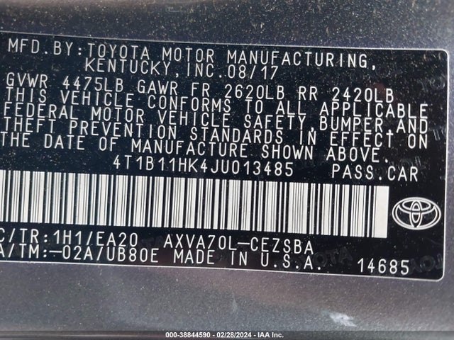 Toyota CAMRY SE 2018 4T1B11HK4JU013485 Image 9