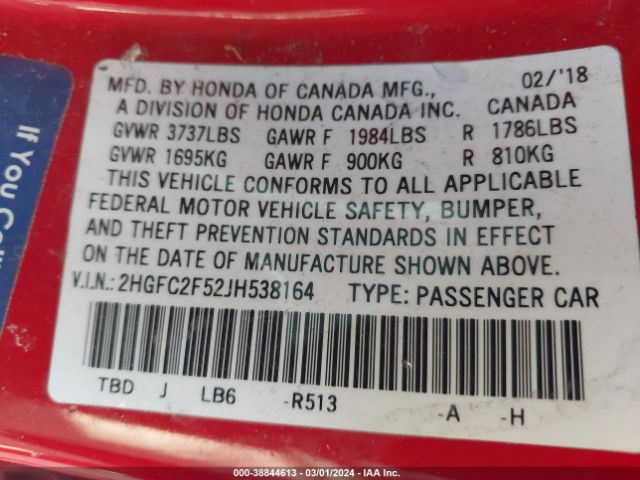 2HGFC2F52JH538164 Honda Civic Lx
