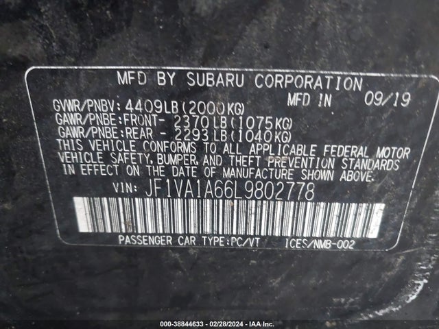 Subaru WRX 2020 JF1VA1A66L9802778 Image 9