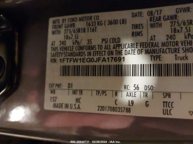1FTFW1EG0JFA17691 Ford F-150 Lariat
