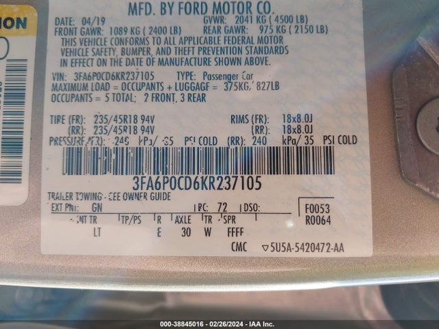 Ford FUSION SEL 2019 3FA6P0CD6KR237105 Image 9