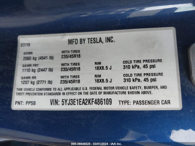 5YJ3E1EA2KF486109 Tesla Model 3 Long Range/mid Range/standard Range/standard Range Plus
