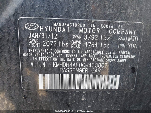 2012 HYUNDAI ELANTRA LIMITED (ULSAN PLANT) VIN: KMHDH4AE0CU433807