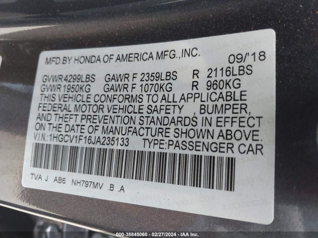 Honda ACCORD LX 2018 1HGCV1F16JA235133 Image 9