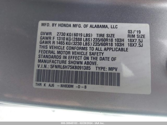 5FNRL6H75KB091385 Honda Odyssey Ex-l