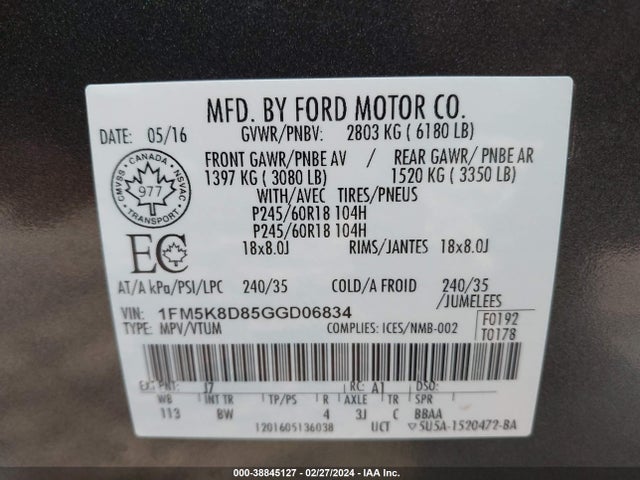 Ford EXPLORER XLT 2016 1FM5K8D85GGD06834 Image 9
