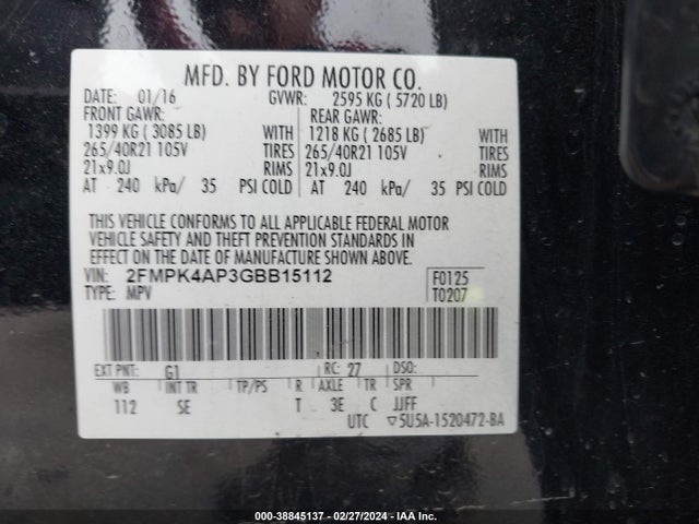 Ford EDGE SPORT 2016 2FMPK4AP3GBB15112 Image 9