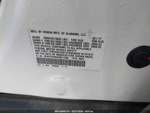 5FNYF6H93HB017282 Honda Pilot Touring