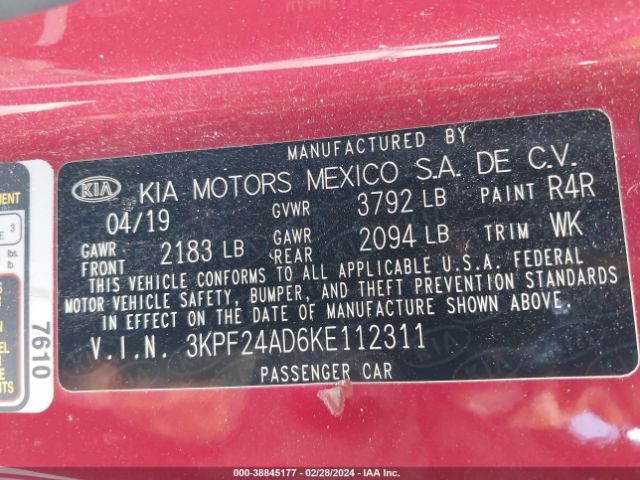 3KPF24AD6KE112311 KIA Forte Fe/lx/lxs