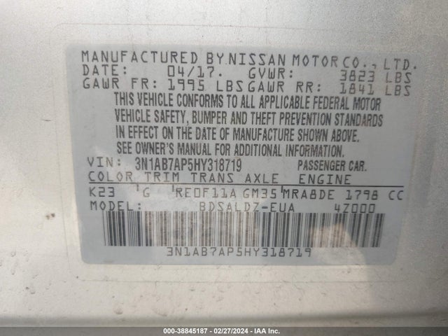 Nissan SENTRA SV 2017 3N1AB7AP5HY318719 Image 9