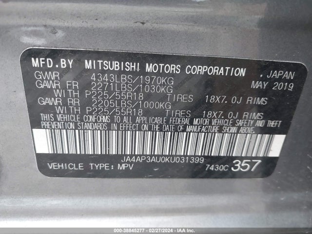 JA4AP3AU0KU031399 Mitsubishi Outlander Sport Es/le/sp