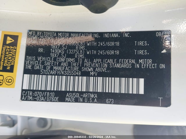 Toyota Highlander Le 2019 5TDZARFH7KS055048 Image 9