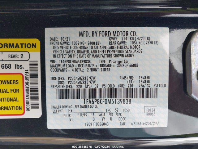 Ford Mustang Gt Premium Fastback 2021 1FA6P8CF0M5139838 Image 9
