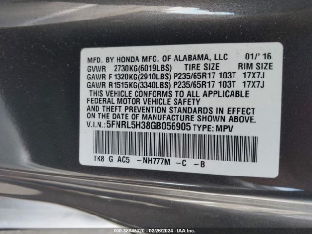 5FNRL5H38GB056905 Honda ODYSSEY SE