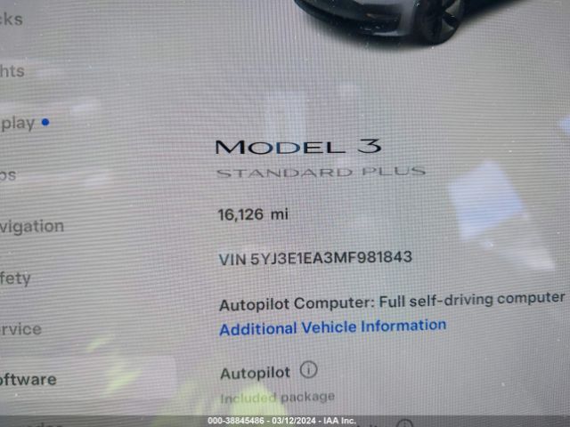 5YJ3E1EA3MF981843 Tesla Model 3 Standard Range Plus Rear-wheel Drive