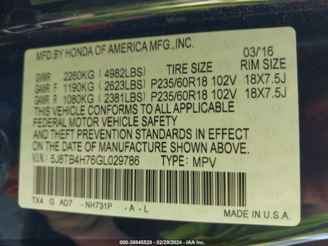 5J8TB4H76GL029786 Acura Rdx Advance Package