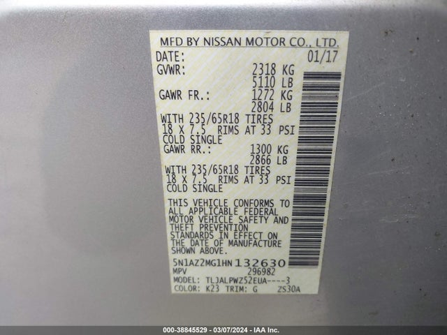 Nissan MURANO S 2017 5N1AZ2MG1HN132630 Image 9