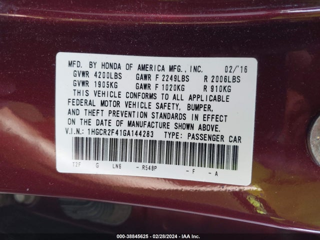 Honda ACCORD LX 2016 1HGCR2F41GA144283 Image 9