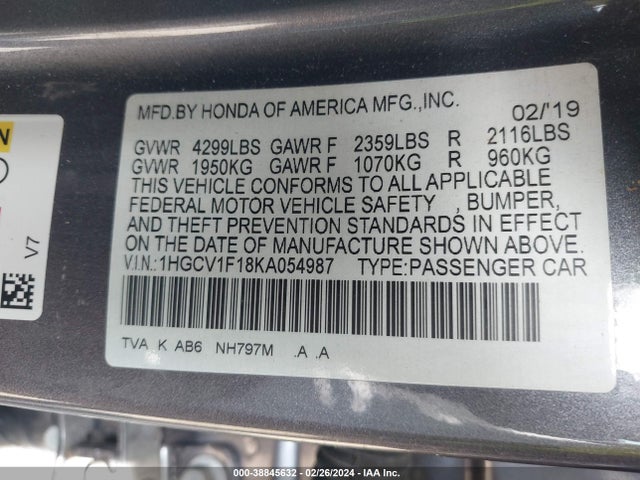 Honda ACCORD LX 2019 1HGCV1F18KA054987 Image 9