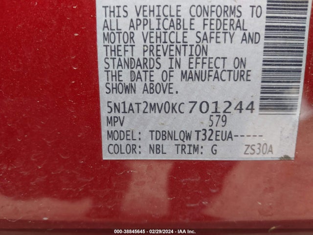 Nissan ROGUE SV 2019 5N1AT2MV0KC701244 Image 9
