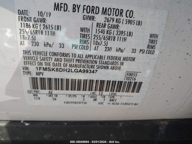 Ford EXPLORER XLT 2020 1FMSK8DH2LGA99347 Image 9