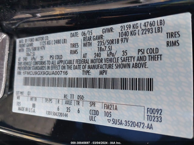 Ford ESCAPE SE 2016 1FMCU9GX9GUA00716 Image 9