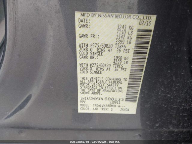 5N1BA0ND3FN608135 Nissan Armada Sl